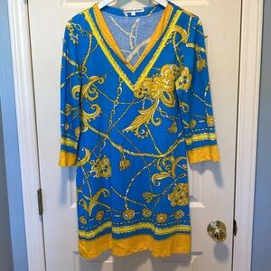 Barbara Gerwit Blue and Gold Printed Dress EUC
